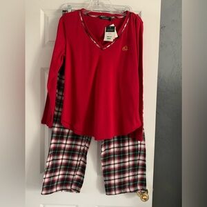 NEW Lauren Ralph Lauren Pajama Set Women's Large Red Green White Plaid V-Neck